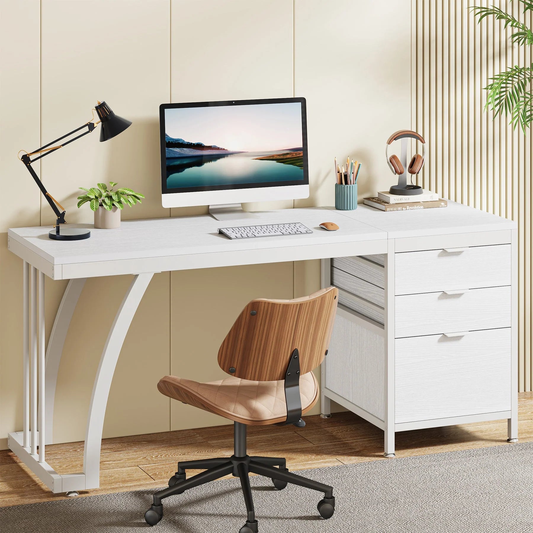 Industrieller Computertisch, 150 CM Schreibtisch mit umkehrbarem Schubladenschrank