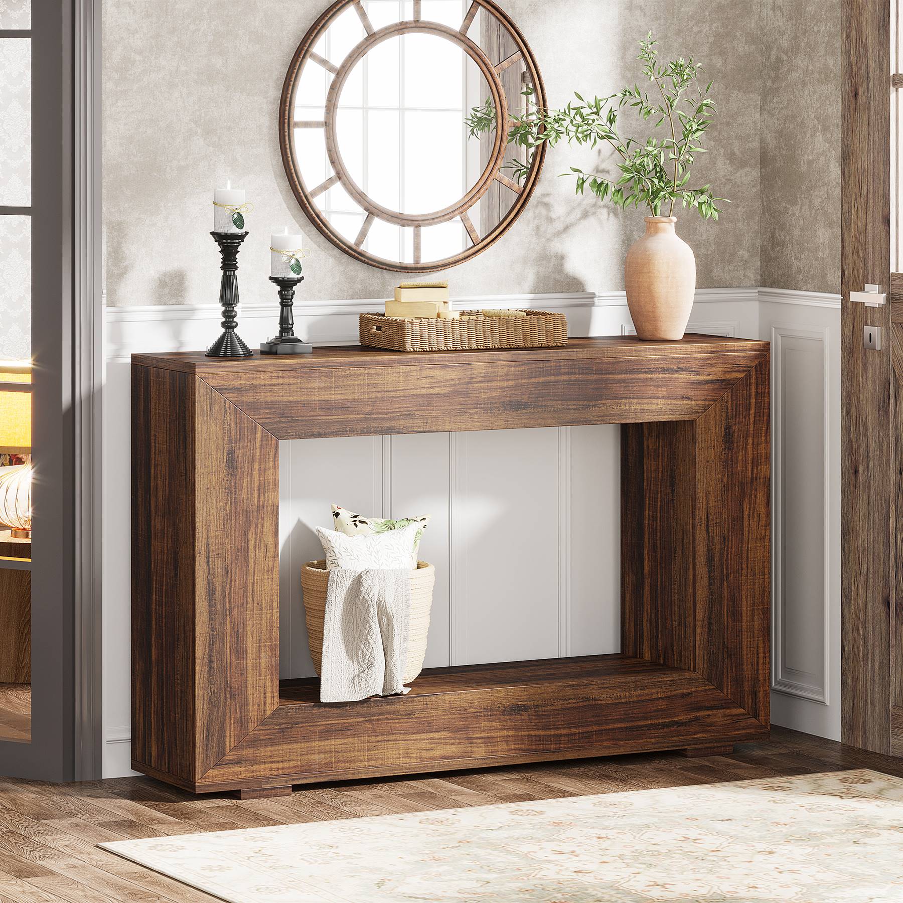Konsolentisch im Landhausstil, 120cm Sofatisch aus Holz für den Eingangsbereich mit Stauraum