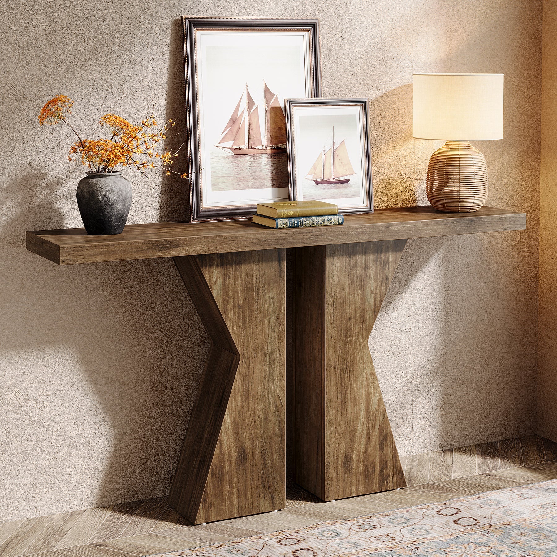 Konsolentisch aus Holz, 140cm Sofatisch, Eingangstisch mit K-förmigem Rahmen