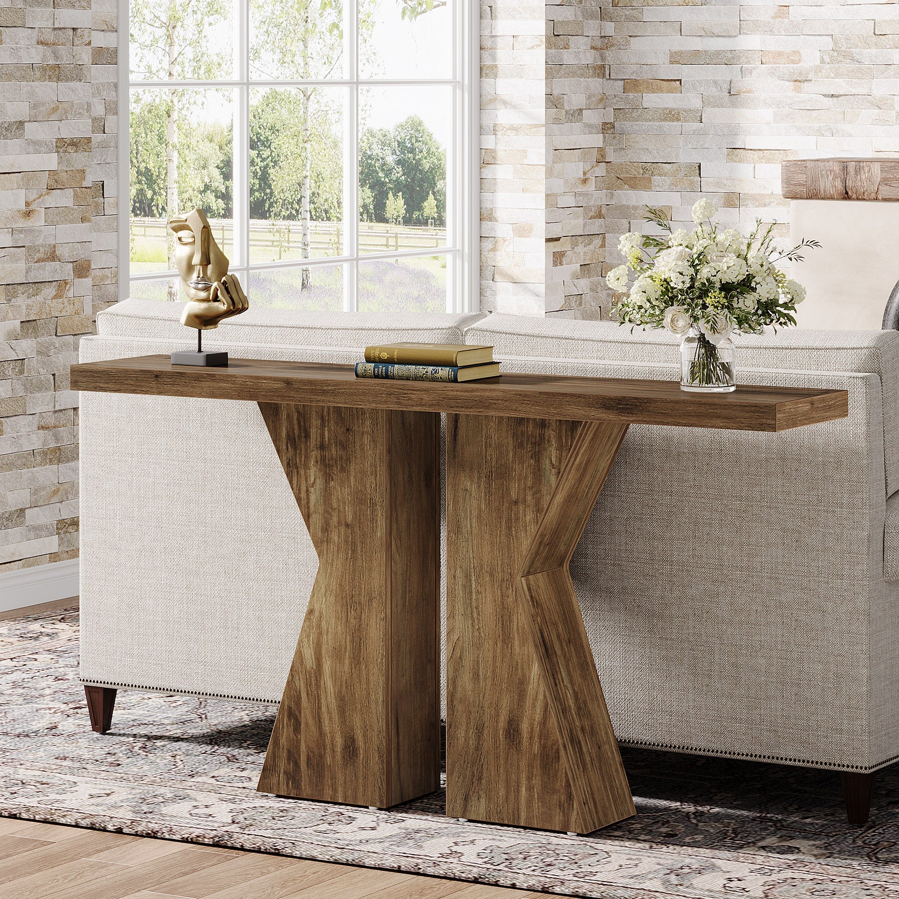 Konsolentisch aus Holz, 140cm Sofatisch, Eingangstisch mit K-förmigem Rahmen